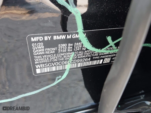 2020 BMW M8 with VIN WBSGV0C06LCD99264, listed as a IAAI auction lot 40276722 with 38,039 mi miles. Bid and sale history available at carsss.com. Image 9.