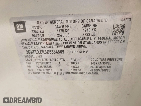 2013 GMC Terrain SLT with VIN 2GKFLXEK3D6384569, listed as a IAAI auction lot 42576401 with 230,090 mi miles and . Bid and sale history available at DreamBid. Image 9.