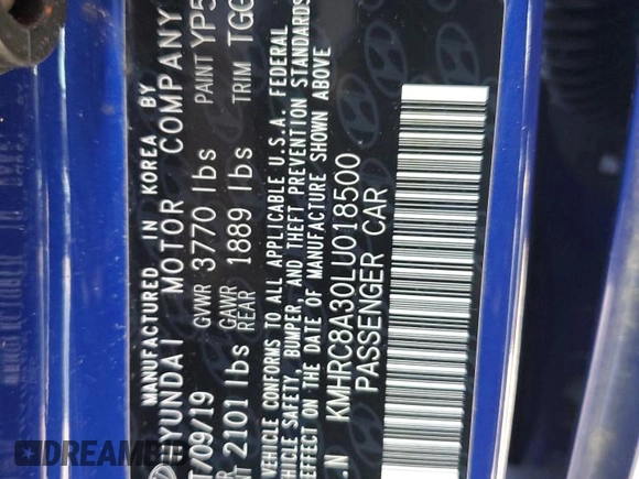 2020 Hyundai Venue SEL with VIN KMHRC8A30LU018500, listed as a Copart auction lot 54141175 with 42,945 mi miles and Salvage Title. Bid and sale history available at carsss.com. Image 13.