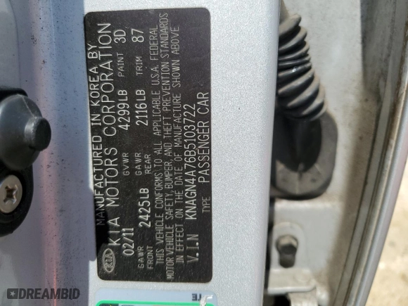 2011 Kia Optima EX with VIN KNAGN4A76B5103722, listed as a Copart auction lot 49847065 with 0 mi miles and Salvage Title. Bid and sale history available at carsss.com. Image 12.