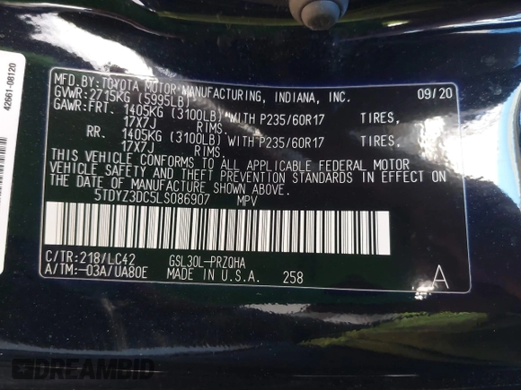 2020 Toyota Sienna XLE Auto Access Seat with VIN 5TDYZ3DC5LS086907, listed as a IAAI auction lot 41706488 with 86,855 mi miles. Bid and sale history available at carsss.com. Image 9.