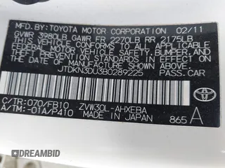 2011 Toyota Prius I with VIN JTDKN3DU3B0289225, listed as a IAAI auction lot 42019284 with 219,702 mi miles and . Bid and sale history available at DreamBid. Image 9.