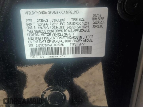 2020 Acura MDX Technology with VIN 5J8YD3H52LL002085, listed as a Copart auction lot 65611955 with 27,730 mi miles and Salvage title. Bid and sale history available at DreamBid. Image 13.