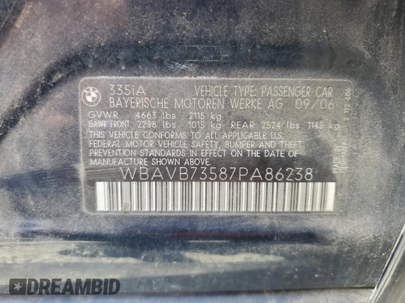 2007 BMW 3 Series 335i with VIN WBAVB73587PA86238, listed as a Copart auction lot 58517825 with Not provided miles and Salvage title. Bid and sale history available at DreamBid. Image 13.