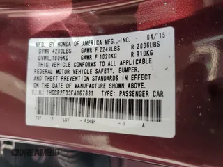 2015 Honda Accord Sedan LX with VIN 1HGCR2F33FA167831, listed as a Copart auction lot 51543305 with 63,841 mi miles and Salvage Title. Bid and sale history available at carsss.com. Image 12.