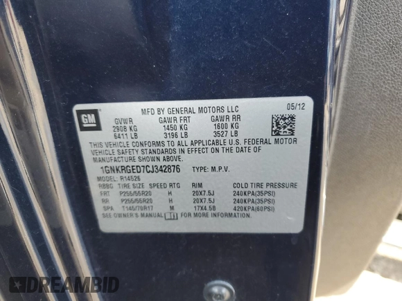 2012 Chevrolet Traverse 1LT with VIN 1GNKRGED7CJ342876, listed as a Copart auction lot 47666155 with 151,864 mi miles and Salvage Title. Bid and sale history available at DreamBid. Image 13.