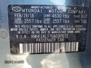 2016 Hyundai Sonata Hybrid SE with VIN KMHE24L17GA037672, listed as a Copart auction lot 38761553 with 47,885 mi miles. Bid and sale history available at carsss.com. Image 12.
