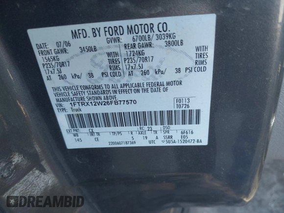 2006 Ford F-150 STX with VIN 1FTRX12W26FB77570, listed as a IAAI auction lot 41326578 with 425,752 mi miles and . Bid and sale history available at DreamBid. Image 9.