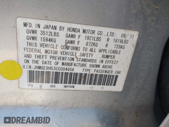 2012 Honda Fit Sport с VIN JHMGE8H53CC004656, выставлен на аукционе IAAI как лот 42484472 с пробегом Не указан миль и . История ставок и продаж доступна на DreamBid. Изображение 9.