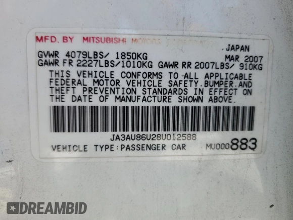2008 Mitsubishi Lancer GTS with VIN JA3AU86U28U012588, listed as a Copart auction lot 71644484 with 158,345 mi miles and Salvage Title. Bid and sale history available at carsss.com. Image 15.
