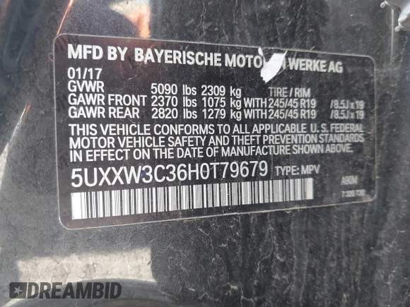2017 BMW X4 xDrive28i with VIN 5UXXW3C36H0T79679, listed as a IAAI auction lot 42203662 with 137,863 mi miles and . Bid and sale history available at DreamBid. Image 9.
