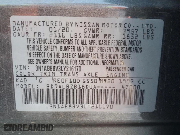 2020 Nissan Sentra S with VIN 3N1AB8BV3LY216170, listed as a Copart auction lot 50326175 with 49,836 mi miles and Salvage Title. Bid and sale history available at DreamBid. Image 13.