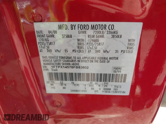2008 Ford F-150 XLT с VIN 1FTPX14578FB83802, выставлен на аукционе IAAI как лот 42246929 с пробегом 135 546 миль миль и . История ставок и продаж доступна на DreamBid. Изображение 9.