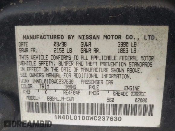 1998 Nissan Altima XE with VIN 1N4DL01D0WC237630, listed as a IAAI auction lot 41297277 with 101,965 mi miles. Bid and sale history available at carsss.com. Image 9.