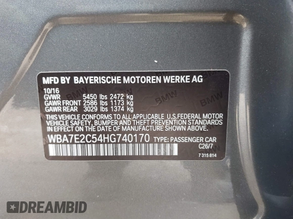 2017 BMW 7 Series 740i with VIN WBA7E2C54HG740170, listed as a IAAI auction lot 41432578 with 110,893 mi miles and . Bid and sale history available at DreamBid. Image 9.