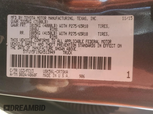 2016 Toyota Tundra SR z VIN 5TFUY5F19GX513949, wystawiony jako Copart lot #47615865 z przebiegiem 173 917 mil mil oraz Szkoda całkowita • Salvage title. Historia ofert i sprzedaży dostępna na DreamBid. Obrazek 12.