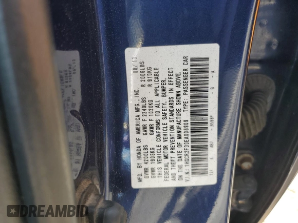 2014 Honda Accord LX z VIN 1HGCR2F30EA008909, wystawiony jako Copart lot #59226315 z przebiegiem 134 615 mil mil oraz Szkoda całkowita • Salvage title. Historia ofert i sprzedaży dostępna na DreamBid. Obrazek 13.