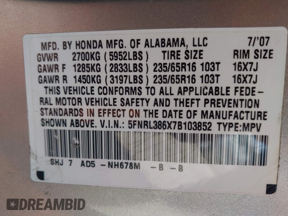 2007 Honda Odyssey EX-L with VIN 5FNRL386X7B103852, listed as a IAAI auction lot 41995923 with 78,092 mi miles and . Bid and sale history available at DreamBid. Image 9.