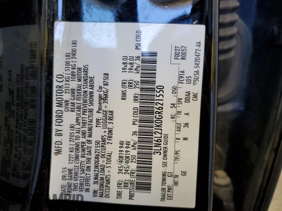 2016 Lincoln MKZ with VIN 3LN6L2JK0GR621550, listed as a Copart auction lot 72081034 with 108,563 mi miles and Clean Title. Bid and sale history available at carsss.com. Image 12.
