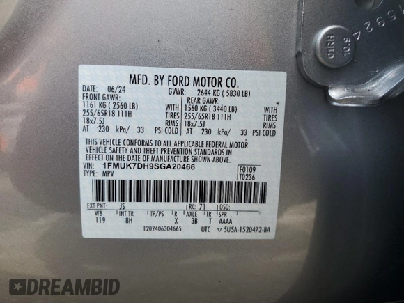 2025 Ford Explorer Active with VIN 1FMUK7DH9SGA20466, listed as a Copart auction lot 56994125 with 6,176 mi miles and Salvage title. Bid and sale history available at DreamBid. Image 13.