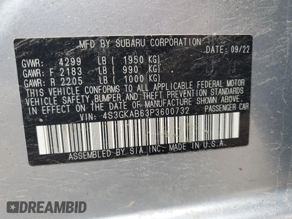 2023 Subaru Impreza with VIN 4S3GKAB63P3600732, listed as a Copart auction lot 52484065 with 55,074 mi miles and Salvage title. Bid and sale history available at DreamBid. Image 12.
