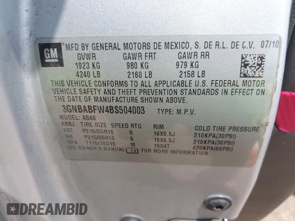 2011 Chevrolet HHR 1LT с VIN 3GNBABFW4BS504003, выставлен на аукционе IAAI как лот 42560172 с пробегом 215 366 миль миль и . История ставок и продаж доступна на DreamBid. Изображение 9.