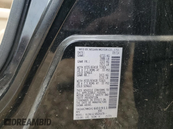 2015 Nissan Pathfinder Platinum with VIN 5N1AR2MM1FC601911, listed as a Copart auction lot 59238095 with 222,680 mi miles and Salvage title. Bid and sale history available at DreamBid. Image 13.