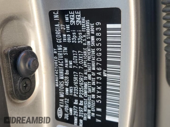 2013 Kia Sorento LX with VIN 5XYKT3A67DG353839, listed as a Copart auction lot 46053515 with 130,802 mi miles and Salvage Title. Bid and sale history available at carsss.com. Image 13.