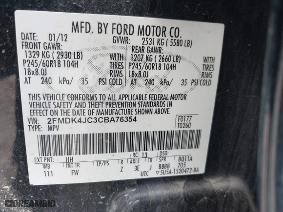 2012 Ford Edge SEL with VIN 2FMDK4JC3CBA76354, listed as a IAAI auction lot 41936340 with 195,350 mi miles. Bid and sale history available at carsss.com. Image 9.