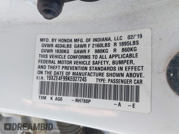 2019 Honda Insight Touring z VIN 19XZE4F99KE027245, wystawiony jako IAAI lot #42278692 z przebiegiem 106 184 mil mil oraz . Historia ofert i sprzedaży dostępna na DreamBid. Obrazek 9.