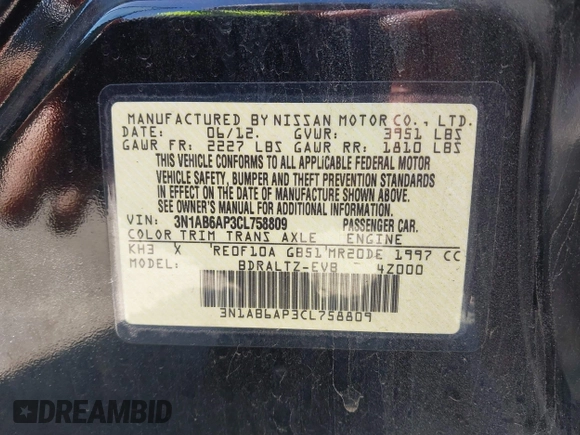 2012 Nissan Sentra SR with VIN 3N1AB6AP3CL758809, listed as a IAAI auction lot 41845905 with 172,775 mi miles and . Bid and sale history available at DreamBid. Image 9.