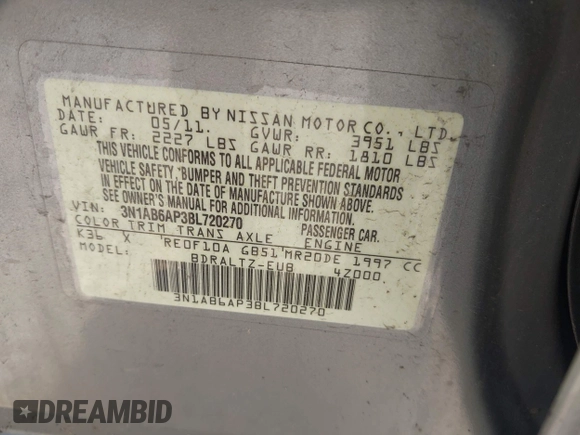 2011 Nissan Sentra SL with VIN 3N1AB6AP3BL720270, listed as a IAAI auction lot 42653235 with 134,100 mi miles and . Bid and sale history available at DreamBid. Image 9.