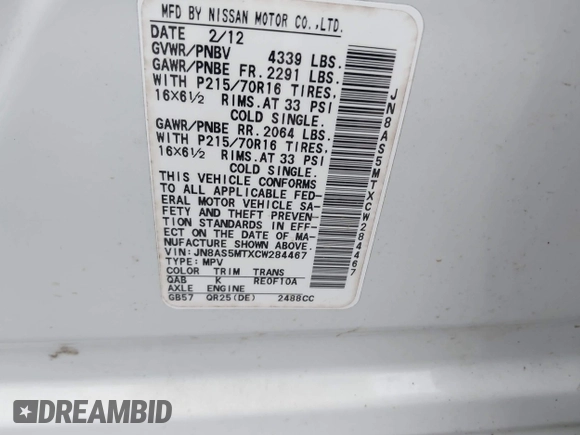 2012 Nissan Rogue S with VIN JN8AS5MTXCW284467, listed as a IAAI auction lot 41961652 with 92,720 mi miles and . Bid and sale history available at DreamBid. Image 9.