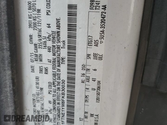 2015 Ford Transit Cargo with VIN 1FTNE1YM8FKB30030, listed as a Copart auction lot 83671964 with 117,430 mi miles and Clean Title. Bid and sale history available at DreamBid. Image 13.