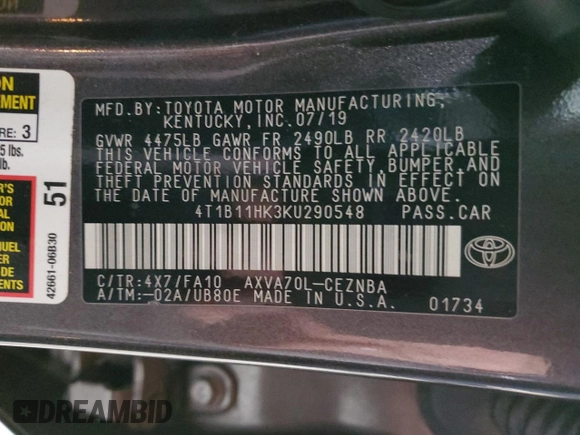 2019 Toyota Camry LE with VIN 4T1B11HK3KU290548, listed as a Copart auction lot 48233685 with 105,700 mi miles and Salvage Title. Bid and sale history available at carsss.com. Image 12.