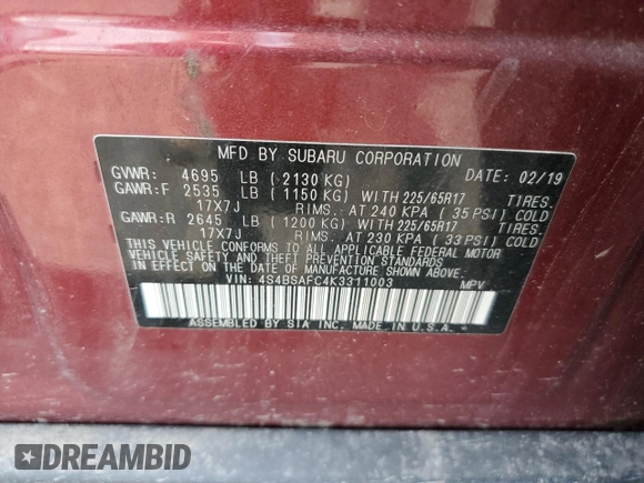 2019 Subaru Outback Premium with VIN 4S4BSAFC4K3311003, listed as a Copart auction lot 63930335 with 104,361 mi miles and Salvage title. Bid and sale history available at DreamBid. Image 13.