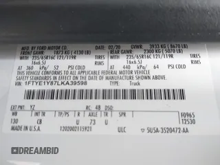 2020 Ford Transit Cargo with VIN 1FTYE1Y87LKA39598, listed as a IAAI auction lot 40989107 with 267,407 mi miles and . Bid and sale history available at DreamBid. Image 9.