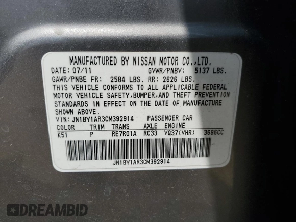 2012 Infiniti M with VIN JN1BY1AR3CM392914, listed as a Copart auction lot 60997925 with 154,801 mi miles and Salvage title. Bid and sale history available at DreamBid. Image 12.