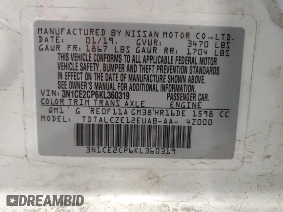 2019 Nissan Note SV z VIN 3N1CE2CP6KL360319, wystawiony jako Copart lot #54236045 z przebiegiem 82 216 mil mil oraz Czysty tytuł • Clean title. Historia ofert i sprzedaży dostępna na DreamBid. Obrazek 13.