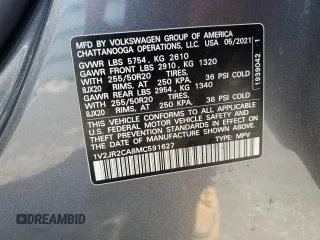 2021 Volkswagen Atlas SE with VIN 1V2JR2CA8MC591627, listed as a Copart auction lot 57173165 with 39,625 mi miles and Salvage title. Bid and sale history available at DreamBid. Image 13.