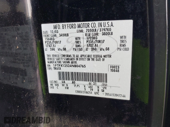 2004 Ford F-150 XL with VIN 1FTPX12524NB04765, listed as a IAAI auction lot 42201327 with 241,350 mi miles and . Bid and sale history available at DreamBid. Image 9.