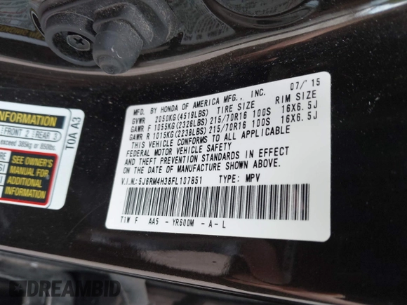 2015 Honda CR-V LX with VIN 5J6RM4H38FL107851, listed as a IAAI auction lot 42080609 with 108,610 mi miles and . Bid and sale history available at DreamBid. Image 9.
