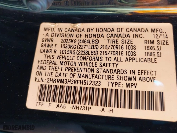 2015 Honda CR-V LX with VIN 2HKRM3H38FH512323, listed as a IAAI auction lot 39161499 with 133,787 mi miles. Bid and sale history available at carsss.com. Image 9.
