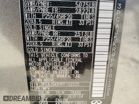 2023 Infiniti QX55 Essential with VIN 3PCAJ5KR9PF102225, listed as a Copart auction lot 53960505 with 40,156 mi miles and Salvage title. Bid and sale history available at DreamBid. Image 14.