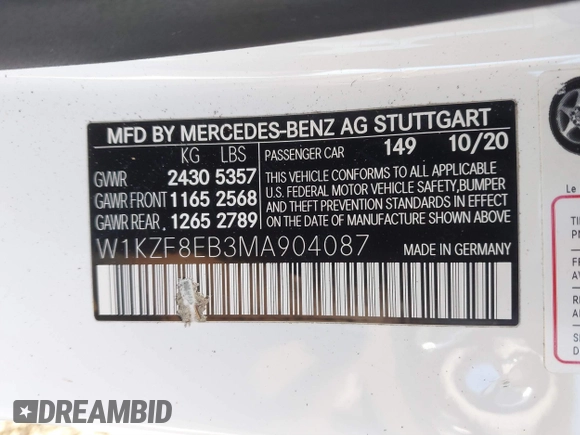 2021 Mercedes-Benz E 350 with VIN W1KZF8EB3MA904087, listed as a IAAI auction lot 41284045 with 37,193 mi miles and . Bid and sale history available at DreamBid. Image 9.