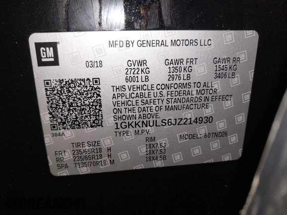 2018 GMC Acadia SLT z VIN 1GKKNULS6JZ214930, wystawiony jako IAAI lot #41850678 z przebiegiem 110 447 mil mil oraz . Historia ofert i sprzedaży dostępna na DreamBid. Obrazek 9.
