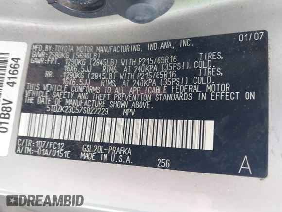 2007 Toyota Sienna CE with VIN 5TDZK23C57S022229, listed as a IAAI auction lot 42114684 with 252,985 mi miles. Bid and sale history available at carsss.com. Image 9.