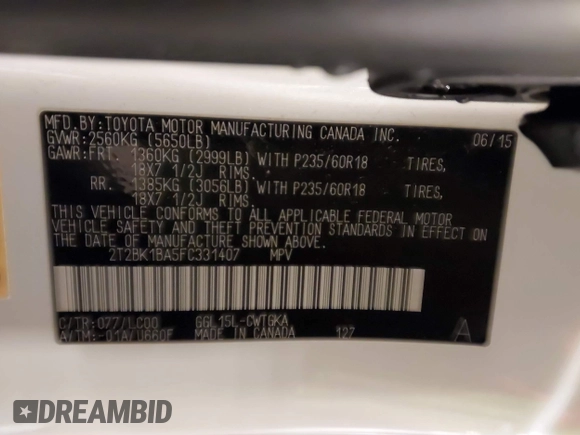 2015 Lexus RX 350 with VIN 2T2BK1BA5FC331407, listed as a IAAI auction lot 41945062 with 109,600 mi miles and . Bid and sale history available at DreamBid. Image 9.