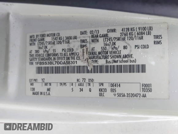 2013 Ford Econoline Passenger XL with VIN 1FBSS3BL7DDA58301, listed as a IAAI auction lot 41462883 with 185,987 mi miles and . Bid and sale history available at DreamBid. Image 8.