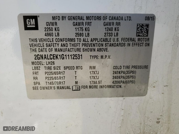 2016 Chevrolet Equinox LT with VIN 2GNALCEK1G1112531, listed as a Copart auction lot 48748775 with 109,730 mi miles and Salvage Title. Bid and sale history available at carsss.com. Image 15.